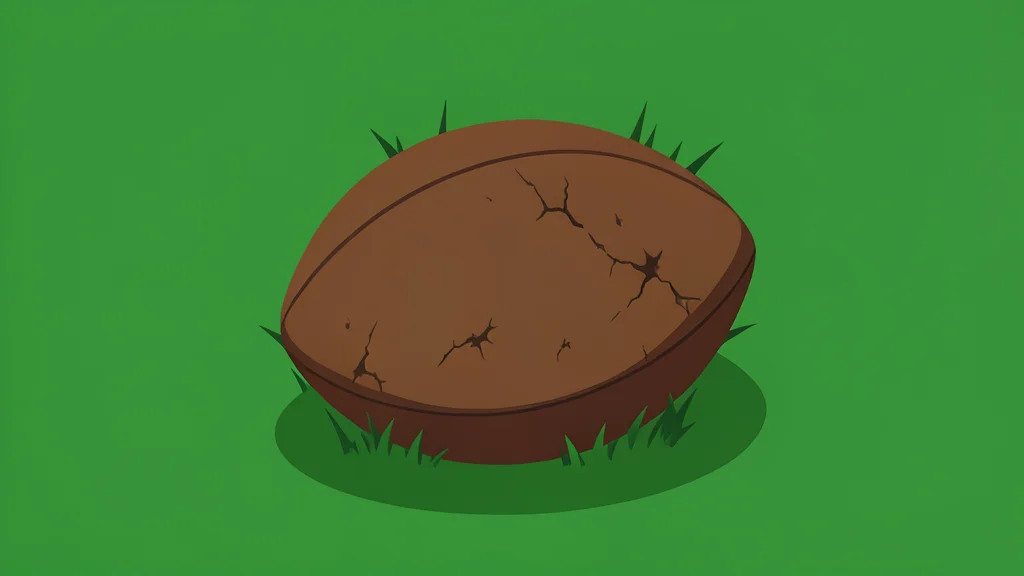 A worn leather football resting on green artificial turf under bright stadium lights.