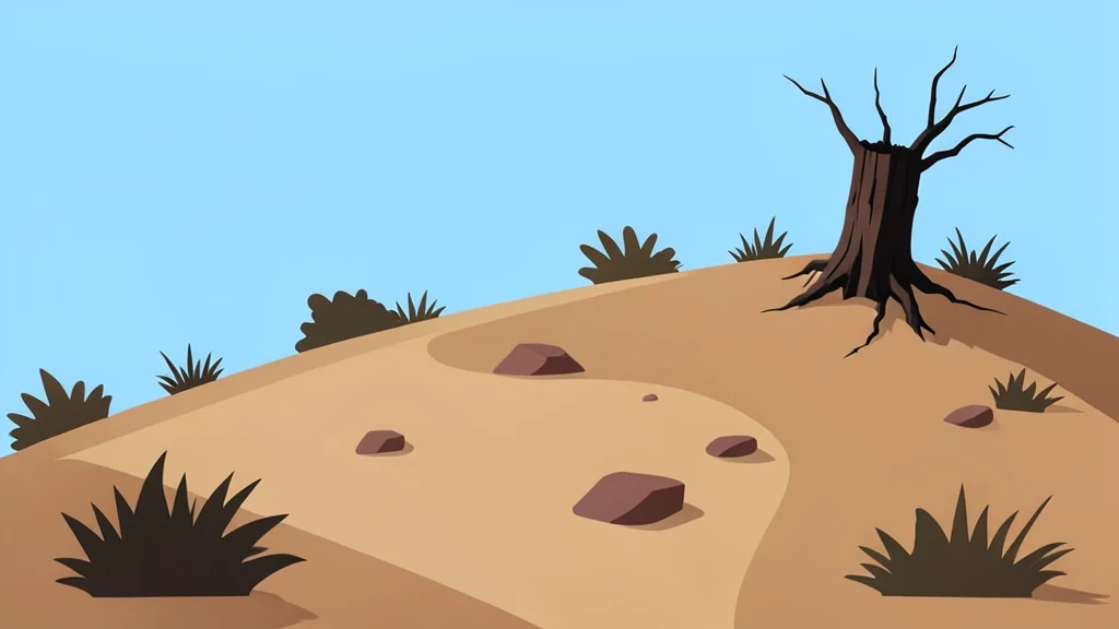 A dry, rocky hillside with sparse vegetation and a single charred tree stump