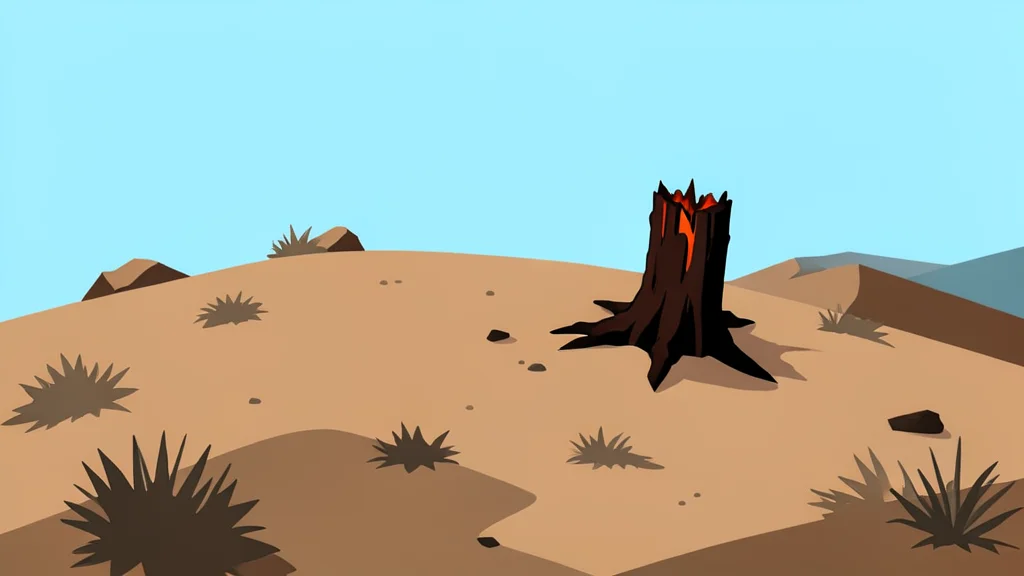 A dry, rocky hillside with sparse vegetation and a single charred tree stump