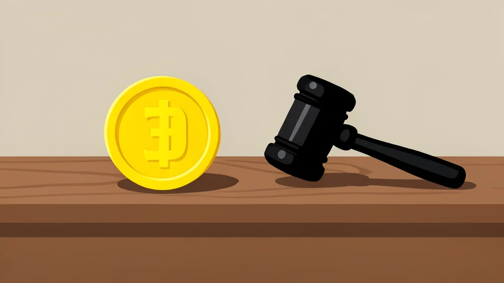 A digital coin resting on a wooden desk next to a gavel