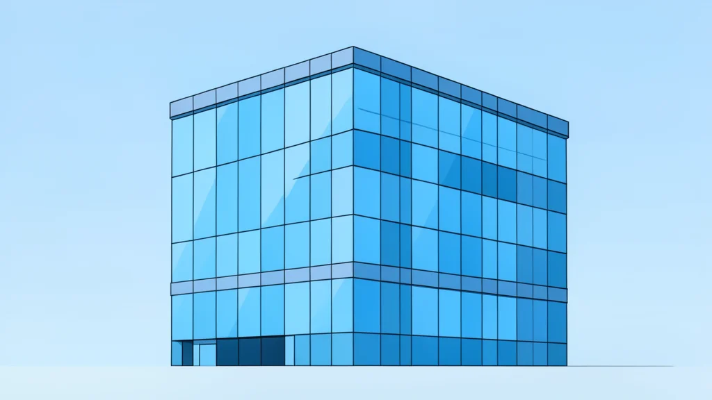 A modern glass office building with a calm blue facade reflecting the sky
