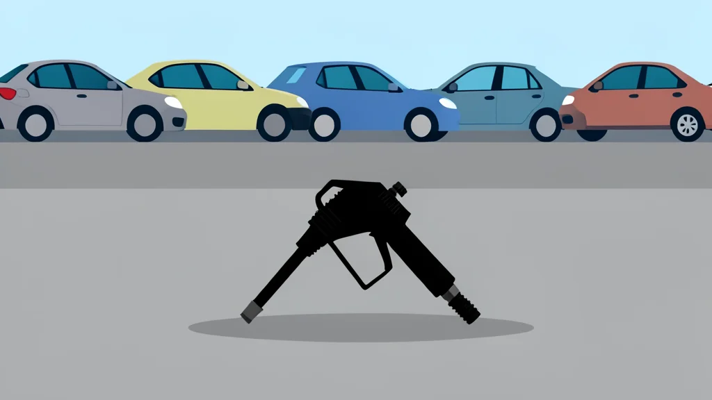A fuel pump nozzle rests on concrete beside parked cars.