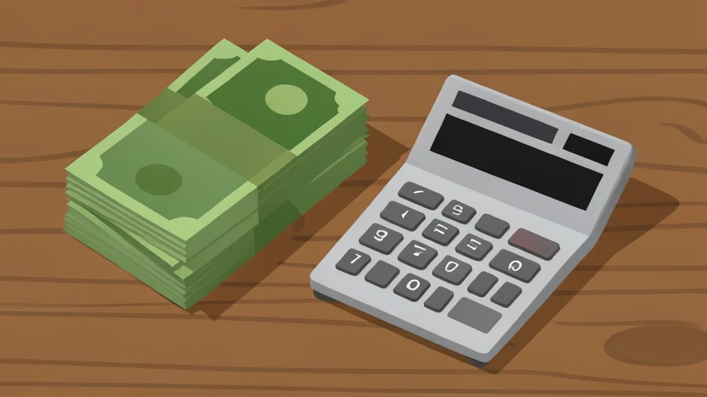 A stack of paper currency bills and a calculator on a wooden desk