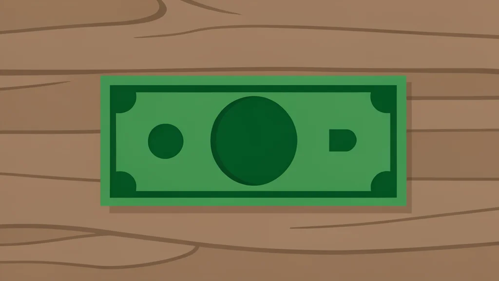A single green dollar bill resting on a wooden desk surface