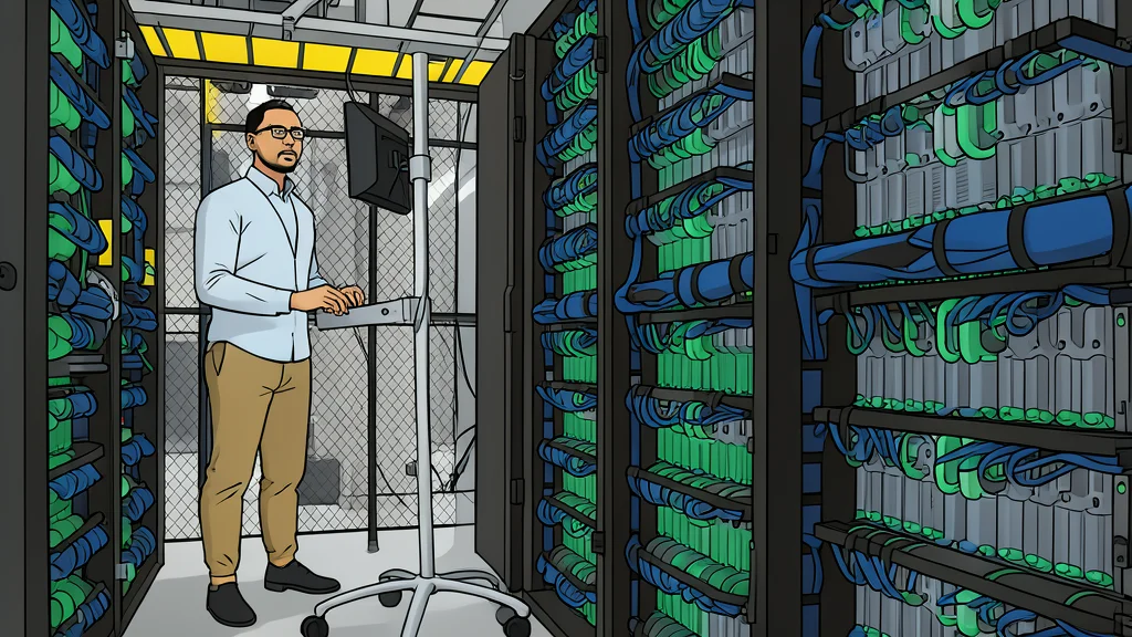 A vast, dimly lit server room with rows of tall black cabinets and glowing blue status lights