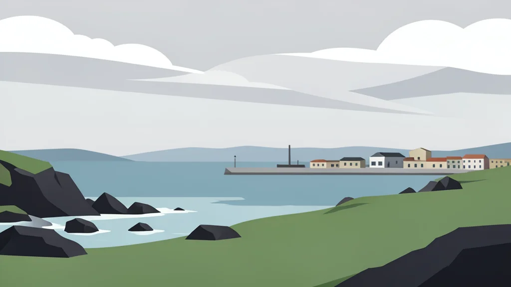 A rugged, grassy coastline with scattered rocks and a distant view of a small harbor town under a cloudy sky