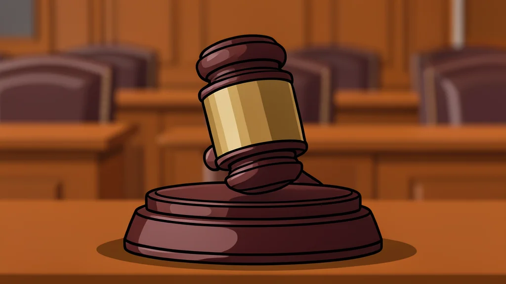 A digital coin resting on a wooden desk next to a gavel