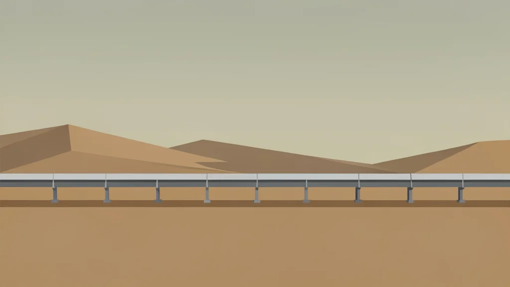 A long pipeline stretching across a dry, arid landscape under a hazy sky