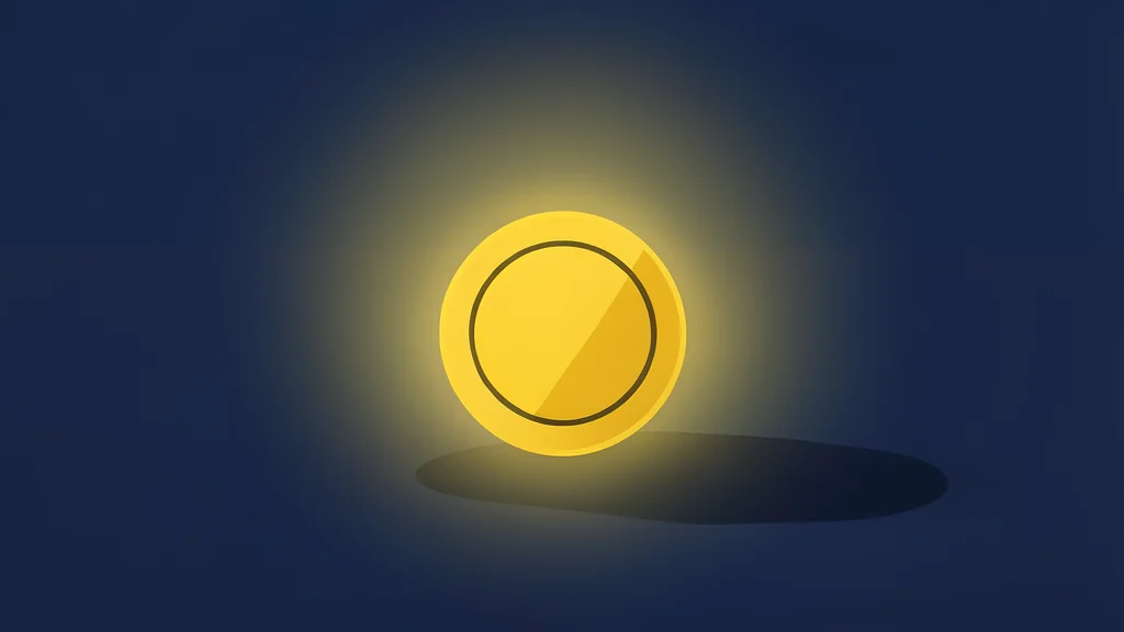 A glowing digital coin resting on a dark surface