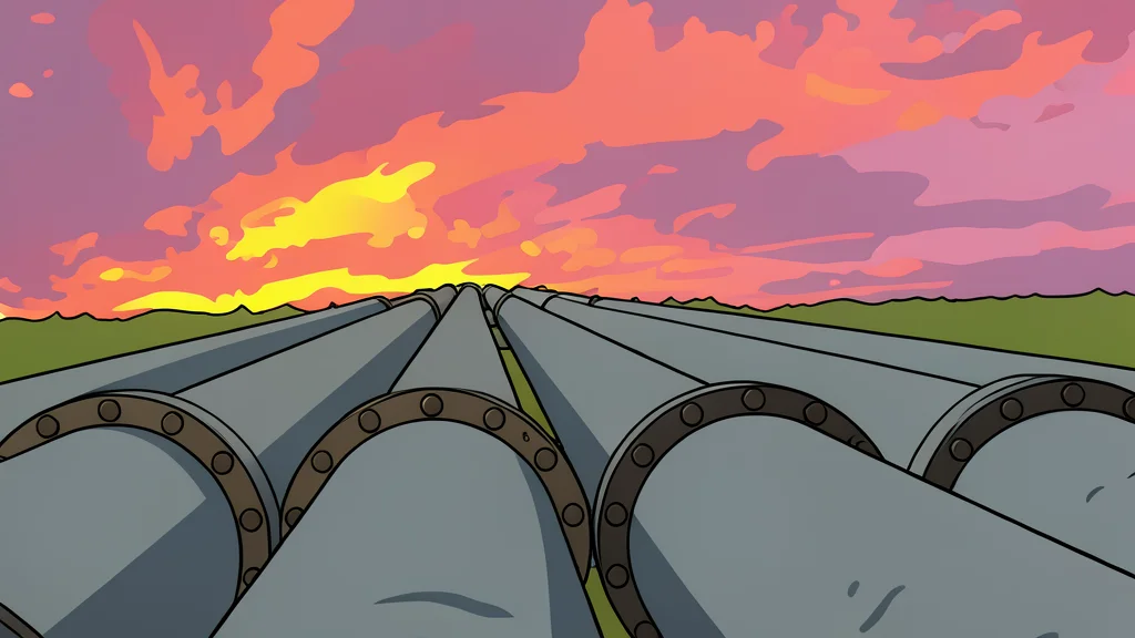 A network of large-diameter steel pipelines stretching across a flat, open landscape