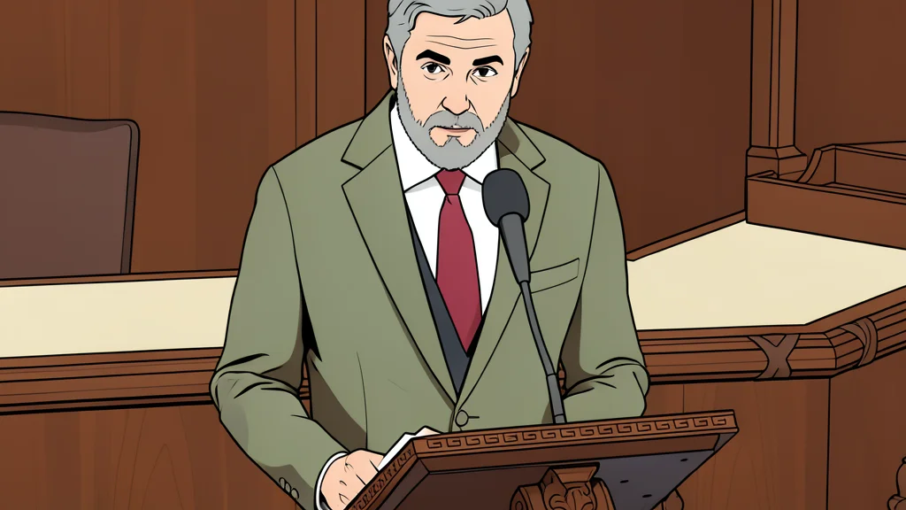 A flat vector illustration of a legislative chamber interior featuring rows of wooden desks and a central podium.
