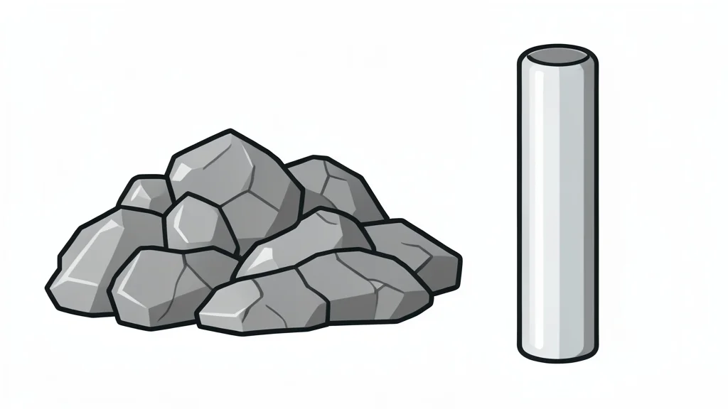A raw pile of grey metallic ore next to a polished cylindrical fuel rod