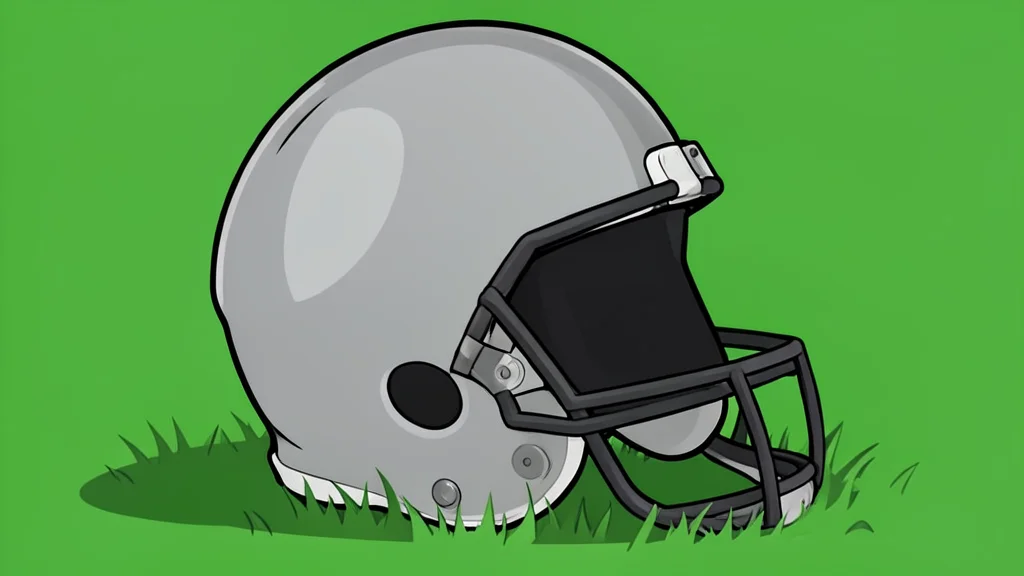 A green football field with white yard lines and a brown leather football resting on the grass