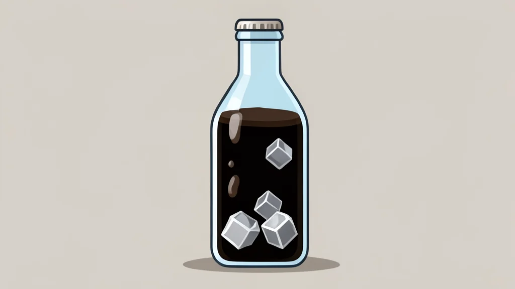 A glass bottle filled with dark carbonated liquid and ice cubes