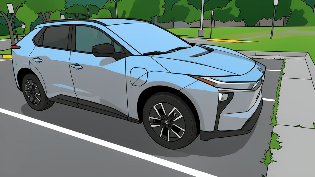 A modern electric SUV parked on a quiet suburban street with a charging cable connected to its side port