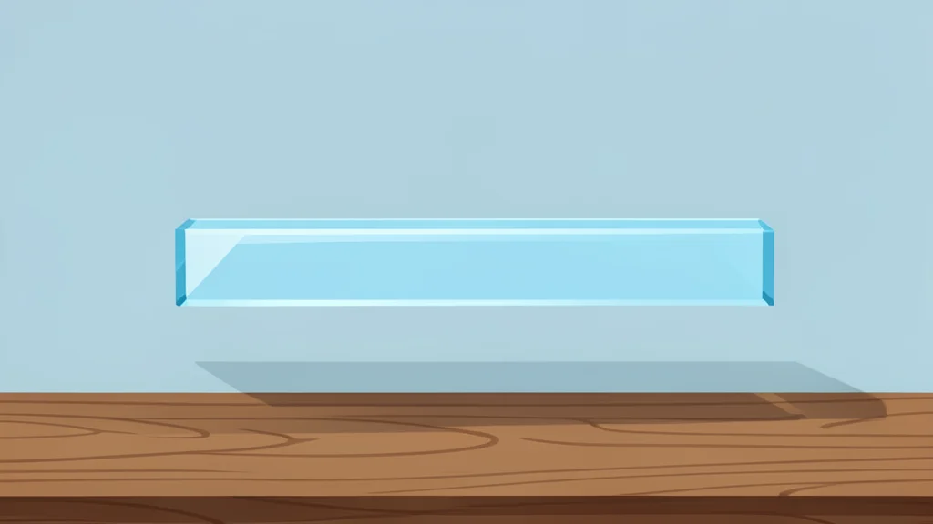 A translucent, glass-like rectangular bar floating above a wooden desk surface