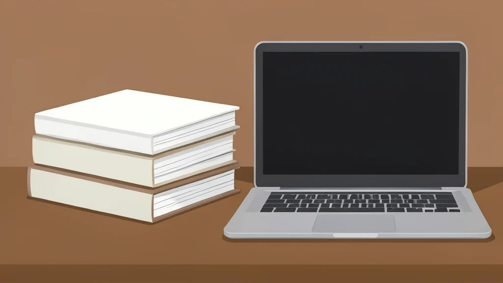 A stack of old paper ledgers sitting next to a modern laptop computer on a wooden desk