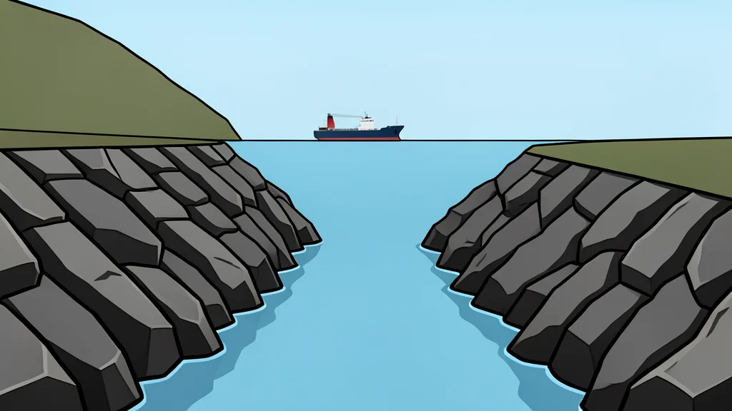 A narrow, rocky strait with calm water and a distant tanker silhouette