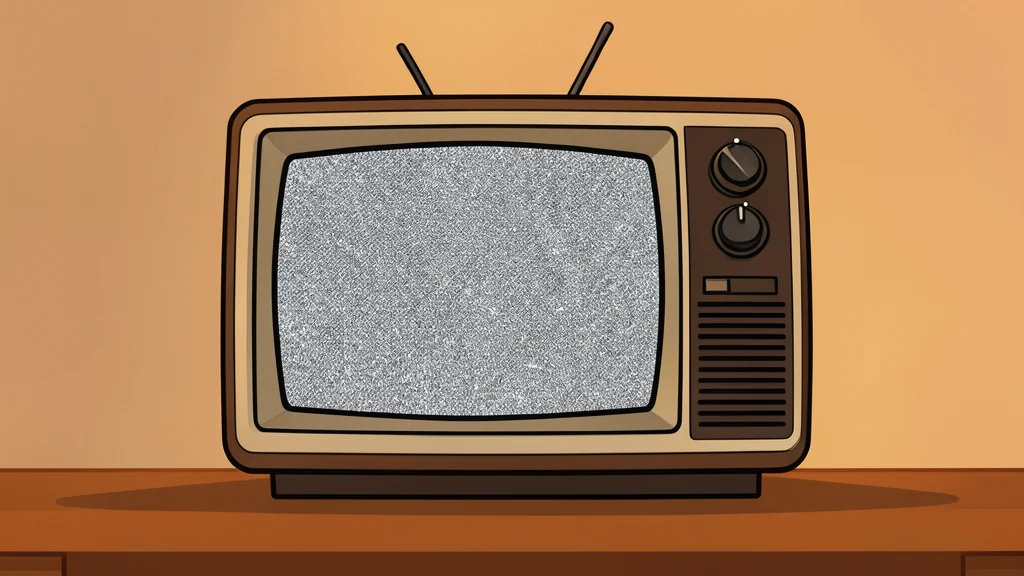 A vintage television set with a static-filled screen sitting on a wooden table