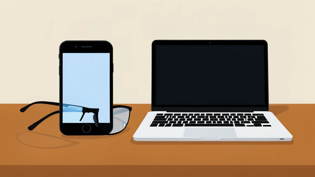 A smartphone and laptop sit on a wooden desk next to a pair of glasses.
