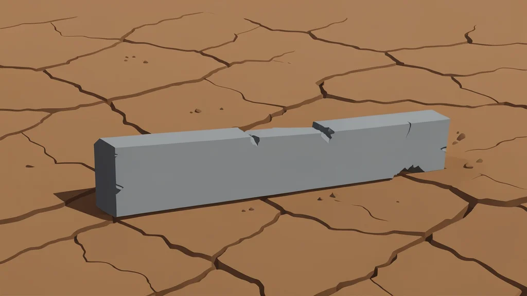A cracked earth landscape with a broken concrete barrier in the foreground