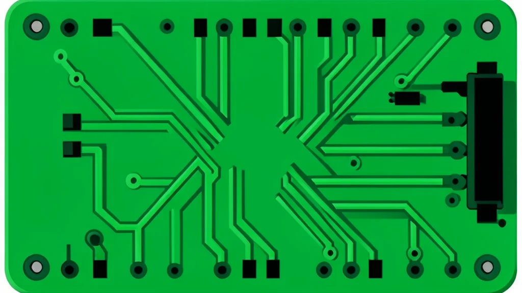 Close-up view of a green circuit board with intricate copper traces and small black rectangular components
