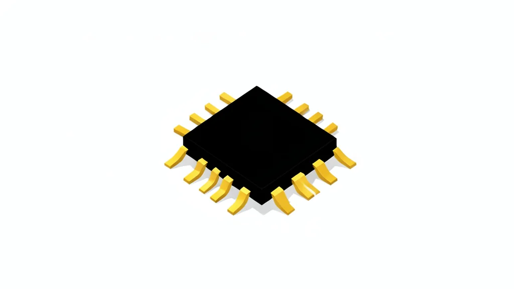 A close-up of a small, black integrated circuit chip resting on a clean, white surface