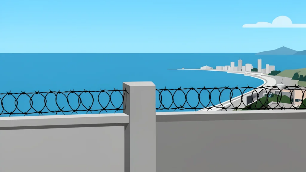 A concrete border fence with barbed wire separating a coastal city from the sea