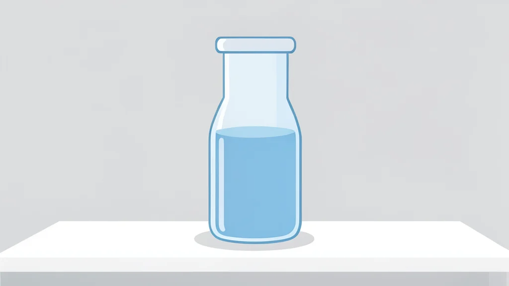 A glass vial containing a clear liquid standing on a white laboratory bench