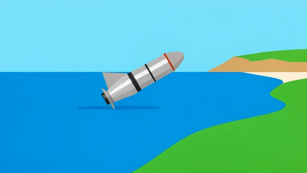 A metallic rocket booster stage floating in the ocean near a coastline