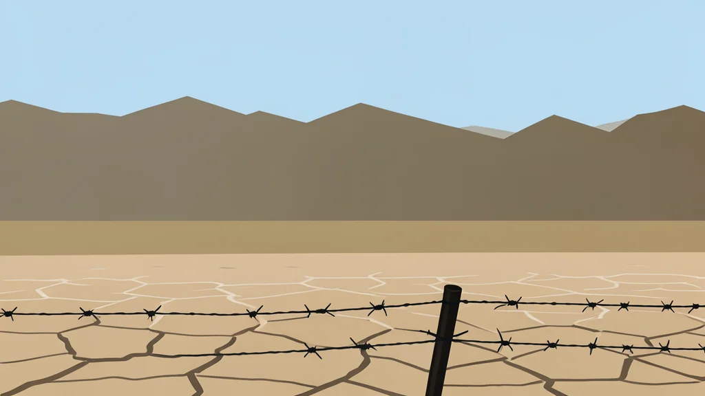 A long, low mountain range bordering a dry riverbed with a single barbed wire fence post standing in the foreground.