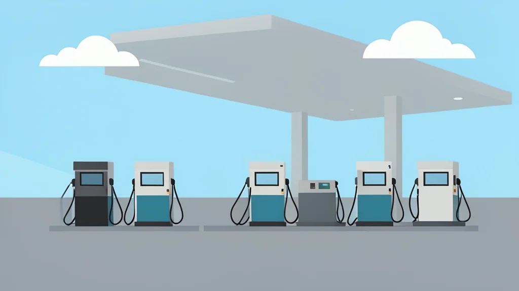 A row of fuel pumps at a service station under an open sky