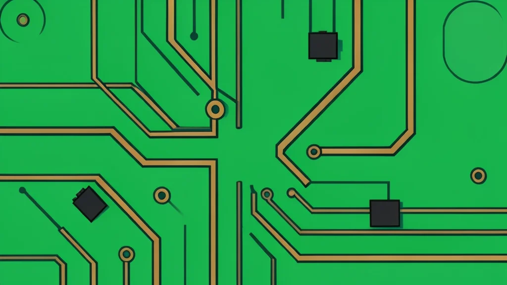 A close-up view of a green circuit board with intricate copper pathways and small black rectangular components