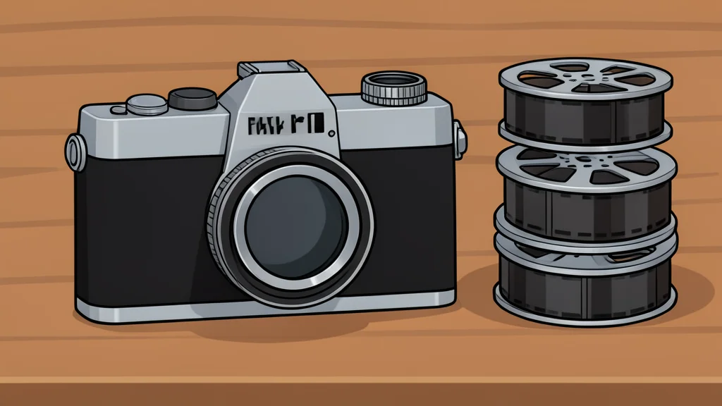 A vintage film camera resting on a wooden table next to a stack of physical film reels