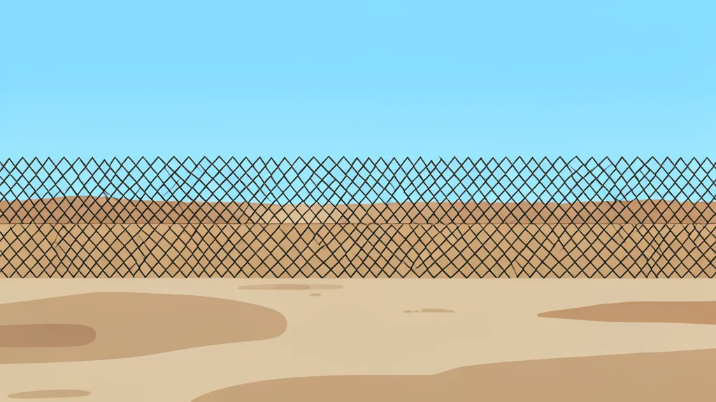 A long, low chain-link fence stretching across a dry, dusty landscape under a bright sky