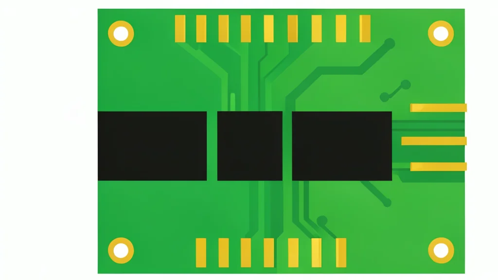 A close-up view of a green circuit board featuring gold contact pins and black rectangular memory chips.