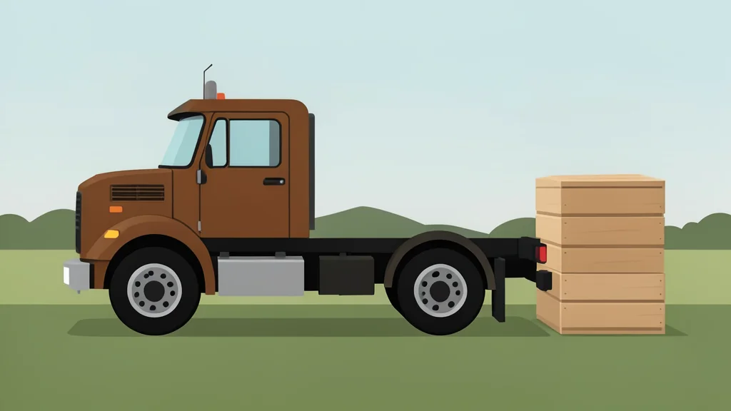 A heavy-duty diesel truck parked in a rural field next to a stack of wooden crates