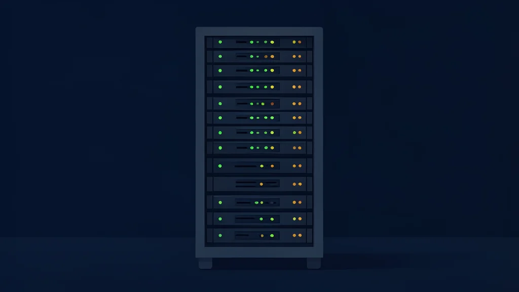 A server rack with blinking status lights in a dark room