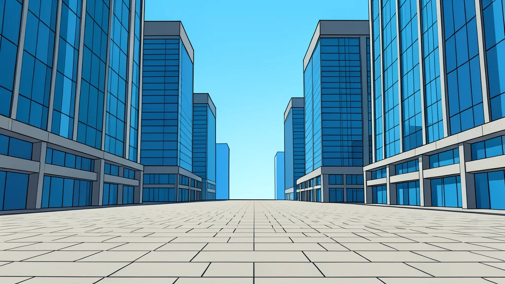 A large open plaza paved with stone, surrounded by tall modern glass skyscrapers under a clear sky