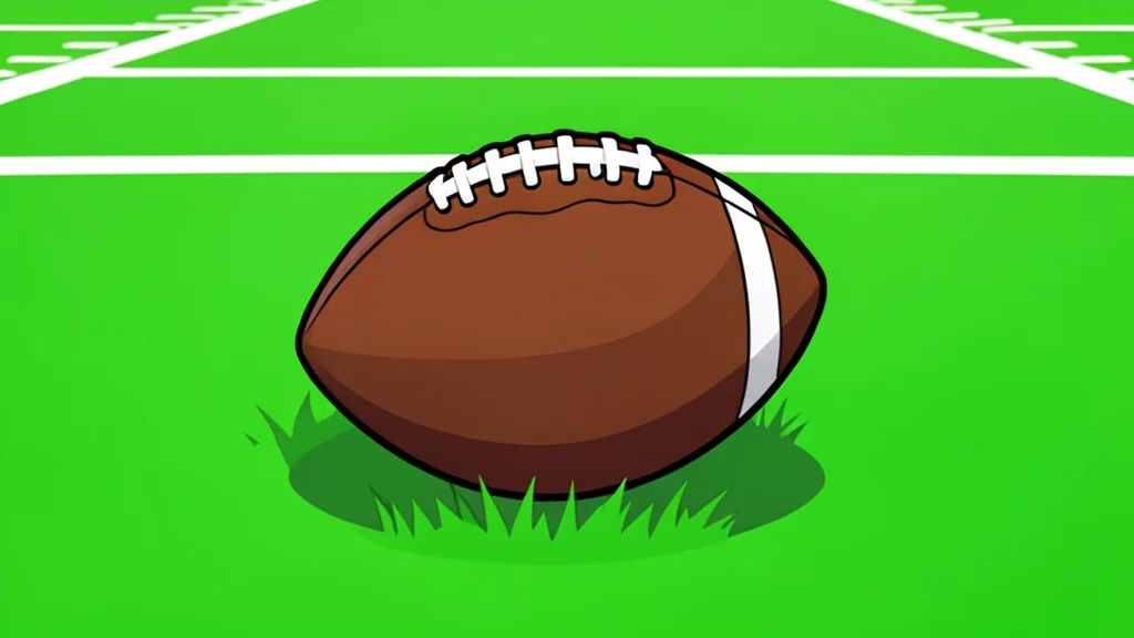 A green football field with white yard lines and a brown leather football resting on the grass