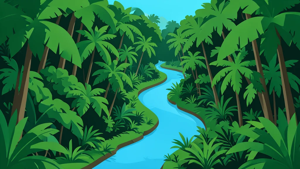 A dense tropical forest canopy with a winding river cutting through the landscape