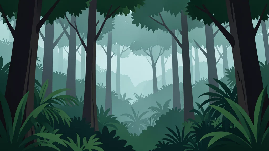 A dense, misty tropical forest canopy with tall trees and thick undergrowth