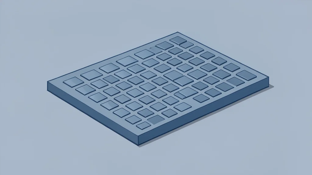 A close-up of a rectangular silicon wafer with a grid of square chips, resting on a clean laboratory surface.