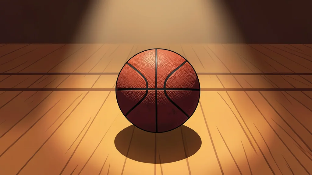 A polished basketball resting on a wooden court floor