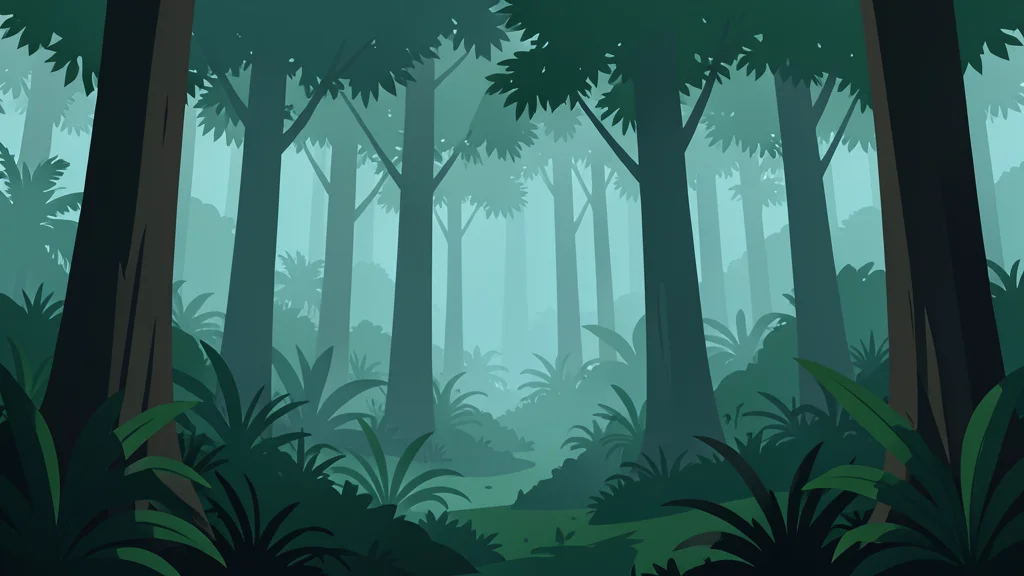 A dense, misty tropical forest with tall trees and thick undergrowth