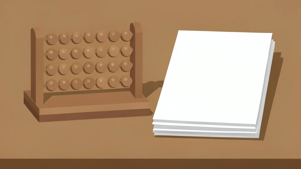 A wooden trading desk with a mechanical abacus and a stack of paper ledgers