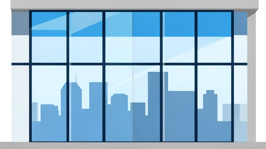 A modern bank building facade with glass windows reflecting a city skyline