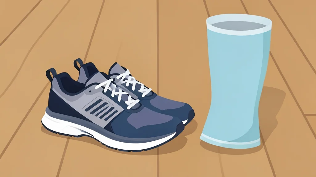 A pair of athletic running shoes resting on a wooden floor next to a compression sleeve and a thermal recovery wrap.