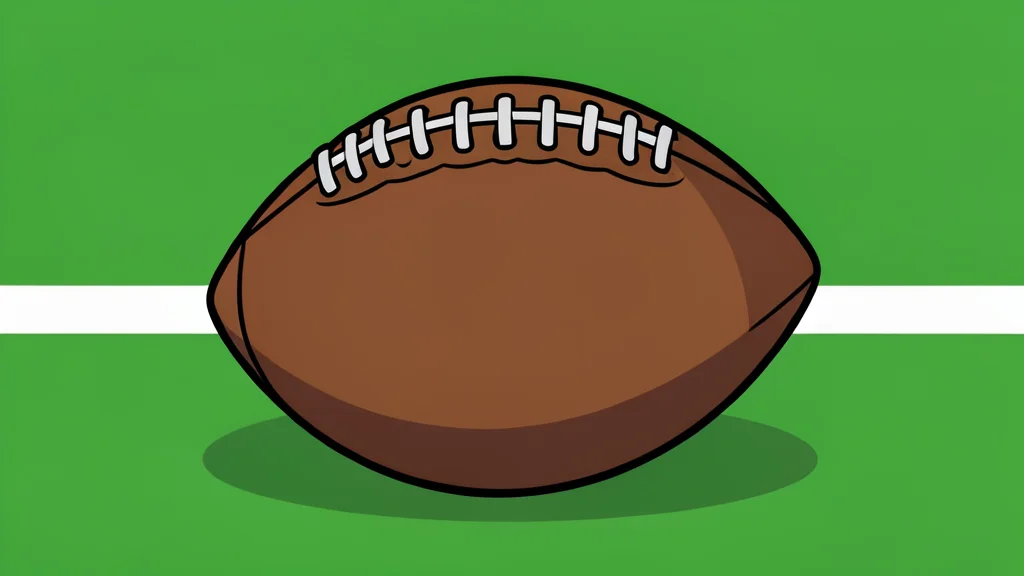 A green football field with white yard lines and a brown leather football resting on the grass.