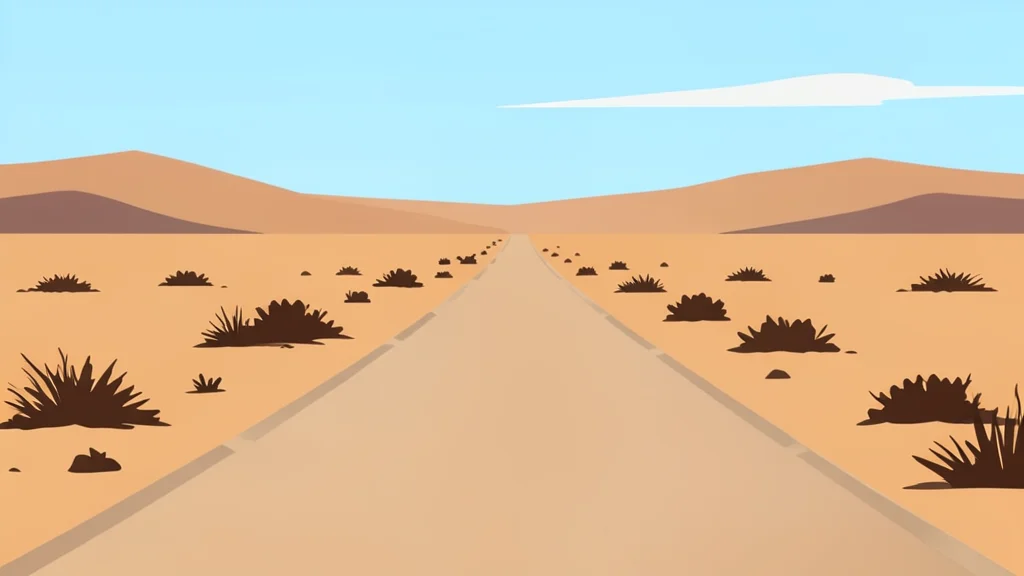 A dusty, unpaved road stretching across a dry, arid landscape with sparse vegetation and distant hills.